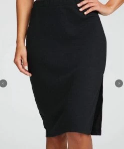 Wholesale ✨ Chaser LINEN RIB MIDI RIB PENCIL 👗 SKIRT WITH SLIT in Black for 👩 women ✔️