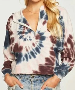 Outlet ❤️ Chaser Linen French Terry Raglan Half Zip Hoodie in Tie Dye for 👩 women ⌛