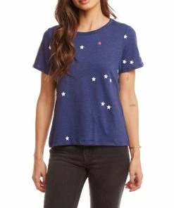 Best Sale 🥰 Chaser Linen Jersey Cropped Short Sleeve Open Tie Back Tee Top In Star Print for 👩 women 🧨