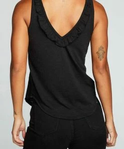 Best Pirce ๐ฅ Chaser Slub Jersey Deep Ruffle V Back Tank In True Black for ๐ฉ women ๐