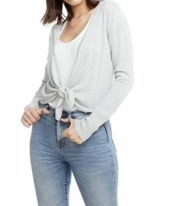 Cheapest 🔔 Chaser Lightweight Sweater Tie Front Cardigan in Heather Grey for 👩 women 🧨