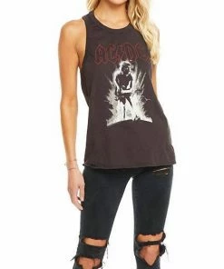 Cheap ⭐ Chaser Ac/Dc Crew Neck Graphic Tank in Washed Black for 👩 women 🧨