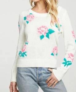 Deals ๐ Chaser Floral Cotton Blend Long Sleeve Crew Neck Sweater in Rice for ๐ฉ women ๐งจ
