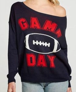 Coupon 🎉 Chaser Long Sleeve Wide Neck Game Day Pullover in Navy for 👩 women ❤️