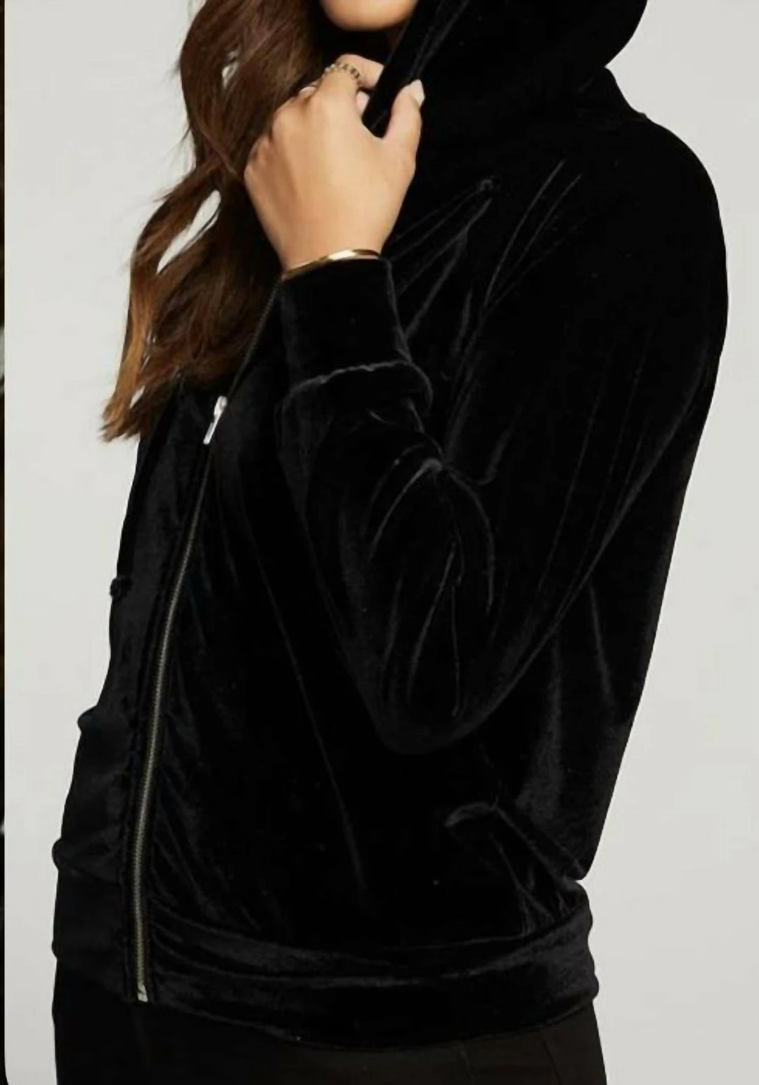 Best Pirce โจ Chaser Velvet Long Sleeve Zip Up Hoodie in True Black for ๐ฉ women โ