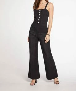 New 🤩 Chaser Stretch Twill Square Neck Button Down Wide Leg Jumpsuit Size In Washed Black for 👩 women ⭐