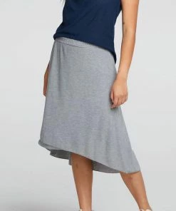 Best Sale ✨ Chaser RECYCLED COZY KNIT SMOCKED HI LO CIRCULAR FLOUNCE MIDI 👗 SKIRT in Heather Gray for 👩 women 😀