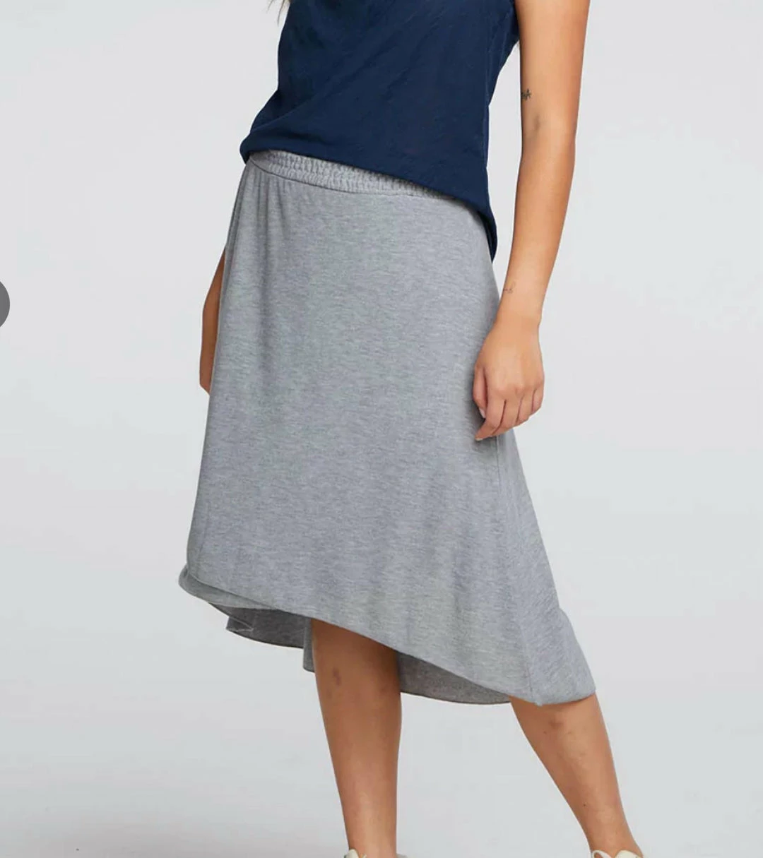 Best Sale โจ Chaser RECYCLED COZY KNIT SMOCKED HI LO CIRCULAR FLOUNCE MIDI ๐ SKIRT in Heather Gray for ๐ฉ women ๐