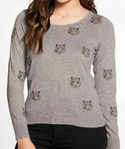 Coupon 🥰 Chaser Cotton Cashmere L/S Crewneck Tiger Sweater in Heather Grey for 👩 women 🛒