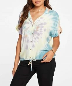 Budget ⌛ Chaser Heirloom Wovens Short Sleeve Tie Waist Blouse In Tie Dye for 👩 women ✨