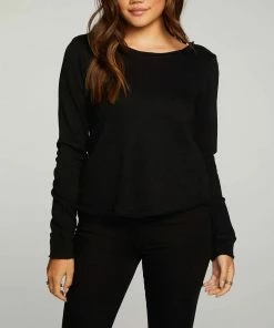 Best Pirce 👏 Chaser Linen French Terry Long Sleeve Cross Back Pullover in Black for 👩 women ⭐