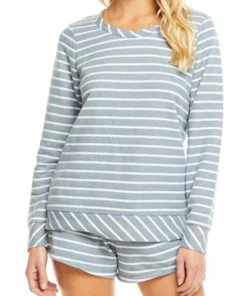 Flash Sale 🎉 Chaser French Terry Striped Open Neck L/S Pullover in Stripe for 👩 women 😀