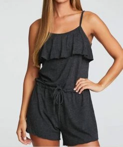 Hot Sale ❤️ Chaser Triblend Jersey Ruffle Shorts Romper in Heather Black for 👩 women 😀
