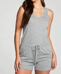 Deals ⌛ Chaser Triblend Jersey Doulbe V-Neck Shorts Romper in Heather Grey for 👩 women 😍
